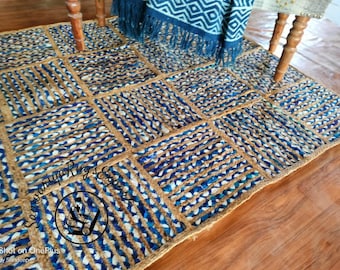 Natural Jute and denim cotton   Braided Handmade Natural Jute   Rectangle  Rug Eco Friendly Pure Vegan Living Room Jute rug area rug