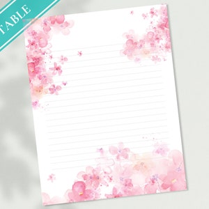 Cherry Blossoms Printable Stationery Paper - Pink Florals, Journal Writing Paper, Letter, Note, Lined Paper, GoodNotes | Sakura