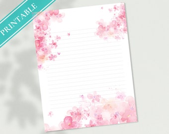 Cherry Blossoms Printable Stationery Paper - Pink Florals, Journal Writing Paper, Letter, Note, Lined Paper, GoodNotes | Sakura