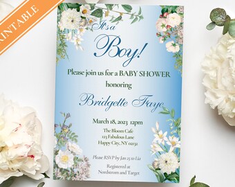 Baby Boy Shower Invitation Template – Floral White Garden (Digital Download)