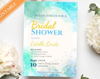Alcohol Ink Bridal Shower Invitation – Ocean Blue, Gold Glitter (Digital Download)