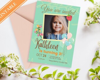 Kids Birthday Photo Invitation – Green Balloons, Digital Evite (PDF)