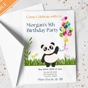 Puede incluir: Invitación de fiesta de cumpleaños imprimible con un panda sosteniendo globos. La invitación dice "¡Ven a celebrar con nosotros! La fiesta de cumpleaños de Morgan, 5 años" e incluye la fecha, la hora, la ubicación y la información de RSVP.
