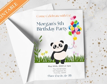 Panda Kids Birthday Party Invitation Template -Panda 5th Happy Birthday Toddler, Digital Invite, Balloons | Happy Panda
