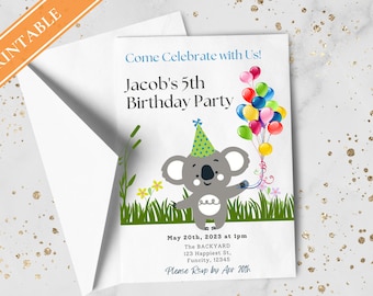 Koala Birthday Party Invitation – Kids Balloons Invite (Digital)