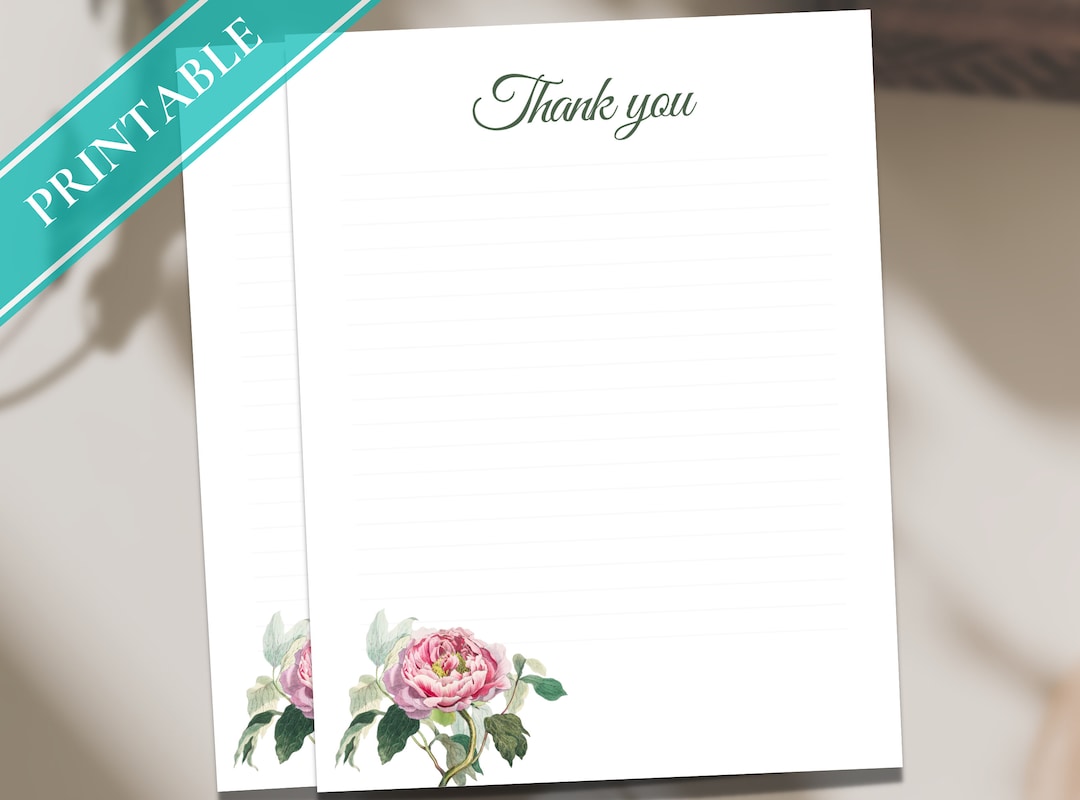 Vintage Rose Thank You Stationery - Printable Lined Writing Paper (PDF ...