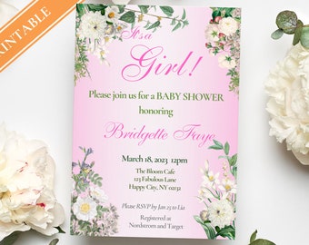 Baby Girl Shower Invitation Template – White Floral Garden (Digital Download)