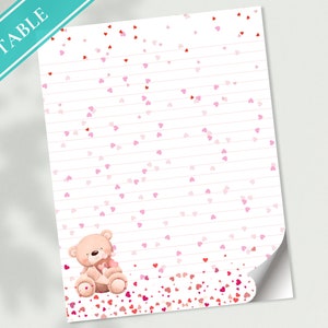 Oso de peluche y corazones San Valentín Papelería imprimible Papel de escritura de cartas - Carta imprimible, Carta de amor, Papel de diario, Goodnotes / Dulce
