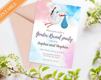 Stork Gender Reveal Invitation – Baby Shower Party Invite (Digital Download)