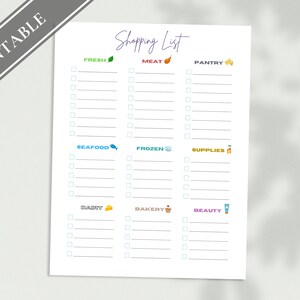 Op de afbeelding: Printbare boodschappenlijst met vinkjes en categorie&euml;n: Vers, Vlees, Pantry, Zeevruchten, Diepvries, Benodigdheden, Zuivel, Bakkerij en Schoonheid. Elke categorie heeft een klein pictogram.