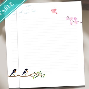 Love Birds jugando adorable papel de papelería imprimible - Papel de diario, carta, nota / Love Birds Cherry Blossom