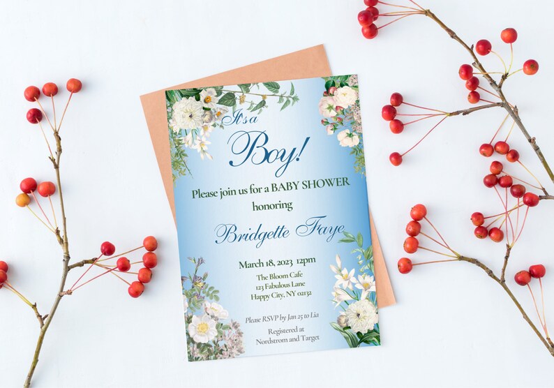 May include: A blue and white baby shower invitation with floral accents. The invitation reads "It's a Boy!" and includes the name "Bridgette Traye" and details for the event.
