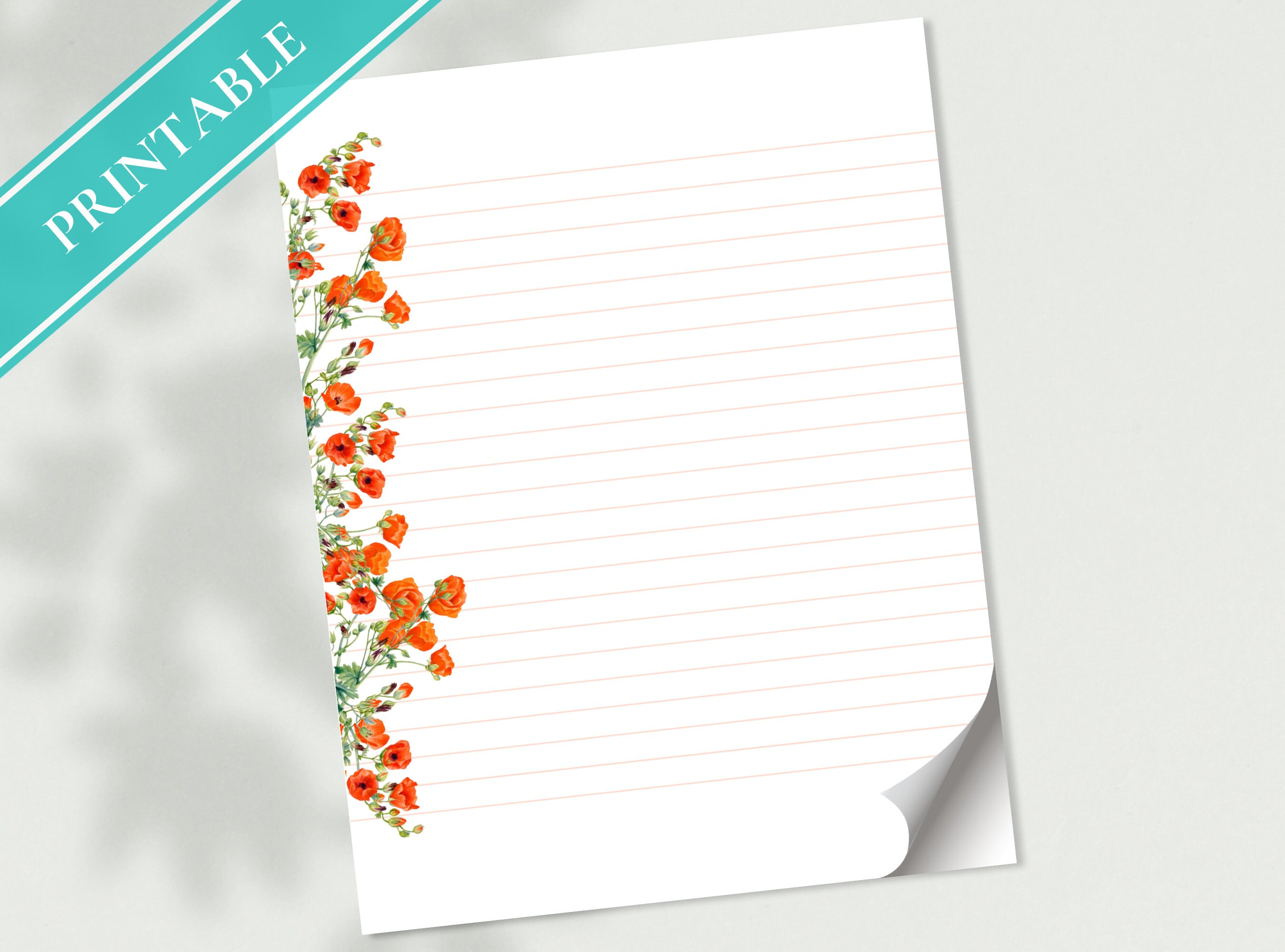 Poppies Flowers Letter Writing Paper - Printable Stationery - Love Letter, Journal Paper, Note, Lined, Goodnotes, Thank You | Cute Animals