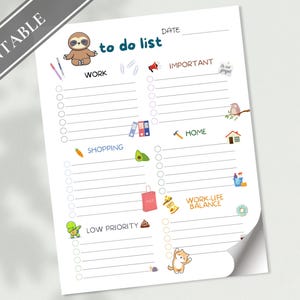 Lista de tareas lindas y divertidas de perezosos: lista de tareas imprimible, cosas por hacer, lista de verificación, lista de compras para hacer todos los días, tamaño carta y A4 / Animales lindos