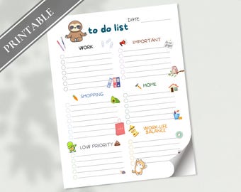 Funny Sloth Cute To Do List - Printable Task List, Things to Do, Checklist, Daily, Shopping To Do List, Letter size and A4 | Cute Animals
