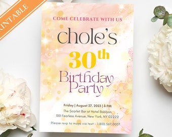 Starry Alcohol Ink Birthday Invitation Template – Pink Peach Gold (Digital Download)