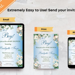 May include: A digital baby shower invitation featuring a blue and white floral design. The invitation reads "It's a Boy!" and includes the name "Bridgette Faye" and the date "March 18, 2023".