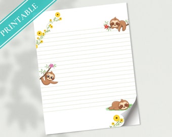 Funny Sloth Stationery - Printable Lined Writing Paper (PDF)