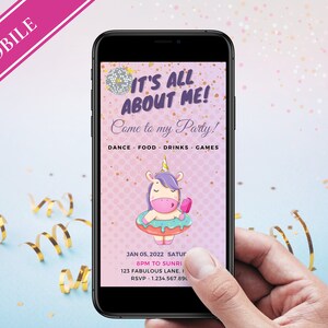 UNICORN verjaardagsfeestje uitnodiging - Celebration Party mobiele uitnodigen fantastische verjaardag roze, paarse Evite, telefoon uitnodigen | Het gaat allemaal over mij