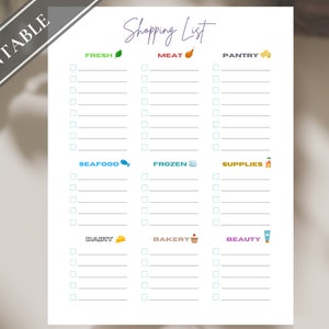 以下が含まれることがあります： 新鮮な農産物、肉、パントリー、シーフード、冷凍食品、サプライ、乳製品、ベーカリー、美容のカテゴリを備えた印刷可能な買い物リスト。各カテゴリにはチェックボックスとアイテムを書くための行があります。