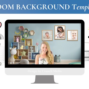 以下が含まれることがあります： コンピューターの画面に、青い壁と、おもちゃがいっぱい詰まった棚、そして赤ちゃんの額縁入り写真が飾られたズームの背景テンプレートが表示されています。画面の右上隅には、黄色い吹き出しの中に「わあ！かわいい！！」という文字があります。