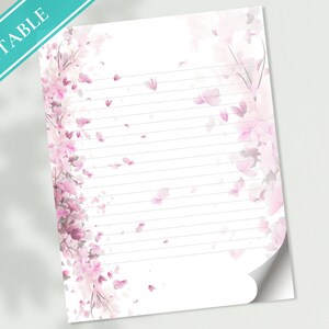 Papel para escribir cartas de flores de cerezo - Papel de papelería imprimible - Flores rosas, Papel de diario digital, Nota de amor, Papel rayado / Sakura II