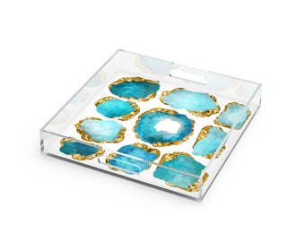 Lucite Acrylic Jewel Art Print Tray, Aquamarine and Gold Gemstone Decor, 12" X 12", Cosmetics Tray, Coffee Table Decor