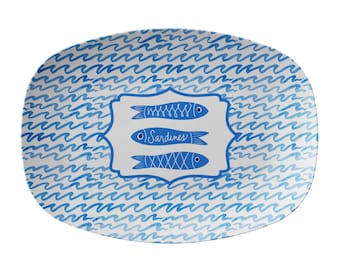 Sardines + Waves Serving Platter, Blue and White, Luxury Plastic