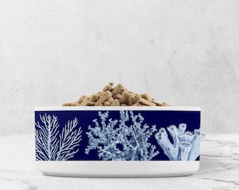 Blue Coral Reef Ceramic Dog Bowl: Navy Pet Food & Water Dish