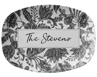 Personalized Serving Platter, White, Grey and Black, Floral Batik, Luxury Plastic Serving Dish, Custom Gift for Home