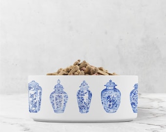Ginger Jar Cat Dog Bowl: Blue & White Chinoiserie Ceramic Pet Dish