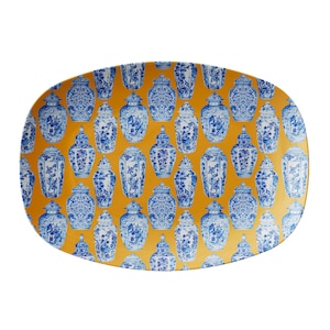 Chinoiserie Platter, Ginger Jar Serving Plate, Orange & Blue, Luxury Plastic Serving Dish