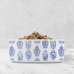 Ceramic Pet Bowl, Chinoiserie Dog Bowl, Blue and White, Ginger Jar Pattern