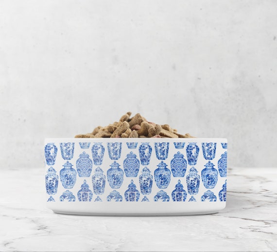 Ceramic Dog Bowl Ginger Jar Pattern Pet Bowl Blue and White Dog