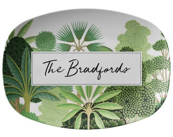 Personalized Platter, White, Green Tropical Gardens Platter, Custom Serving Plate, Luxury Plastic Serving Dish