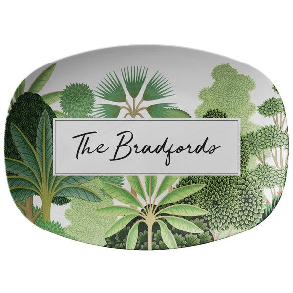 Personalized Platter, White, Green Tropical Gardens Platter, Custom Serving Plate, Luxury Plastic Serving Dish