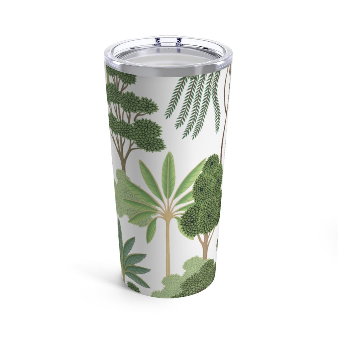 Palm Trees Tumbler, Tropical Travel Cup, 20 Oz, White, Beach Poolside Drinkware, Mughal Garden