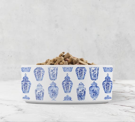 Chinoiserie Ceramic Dog Bowl: Blue and White Ginger Jar Pattern