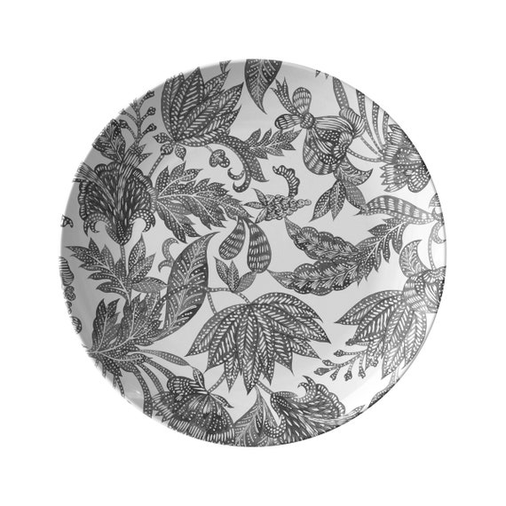 Floral Motif Plates Set of 4 White Black Luxury Plastic Dinnerware Batik Plate Set Outdoor Plate Set Bali Inspired Outdoor Dining
