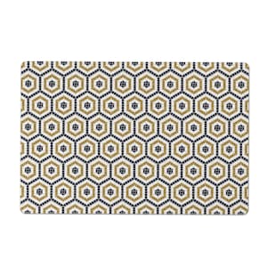 May include: Rectangular placemat with a repeating geometric pattern of gold, navy blue, and white hexagonal shapes. The design resembles a mosaic tile pattern, creating a visually appealing surface.