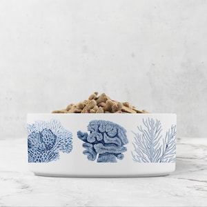 Blue Coral Reef Dog Bowl, White, Ceramic Pet Bowl, Beautiful Dog Bowl, Water Bowl for Cats, Pet Food Dish, Dog Food Bowl