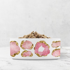 Ceramic Dog Bowl, Rose Quartz and Gold, Jewel Print Water Bowl, Dog or Cat Food Dish