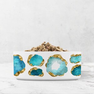 Modern Ceramic Dog Bowl, Aquamarine and Gold, Jewel Print Water Bowl, Cat Food Dish