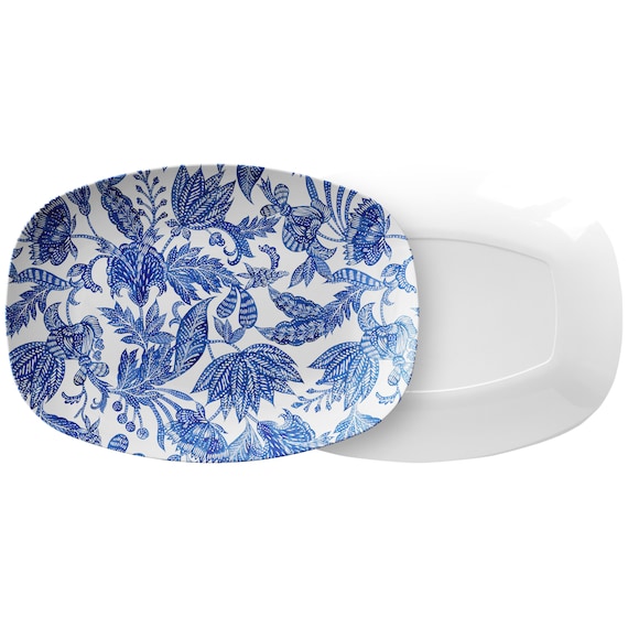 Blue White Serving Platter Floral Batik Serving Dish Plastic