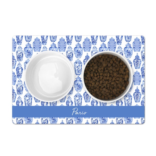 Personalized Pet Bowl Mat, Chinoiserie, Gingers Jars, Blue and White Pet Placemat