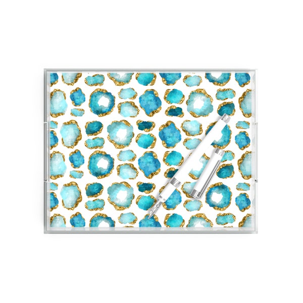 Aquamarine Jewel Tray, 8.5" X 11", Lucite Acrylic Tray, Jeweled Art Print Tray