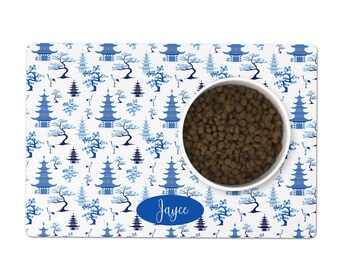 Personalized Pet Bowl Mat, Modern Chinoiserie, Blue and White Dog or Cat Placemat