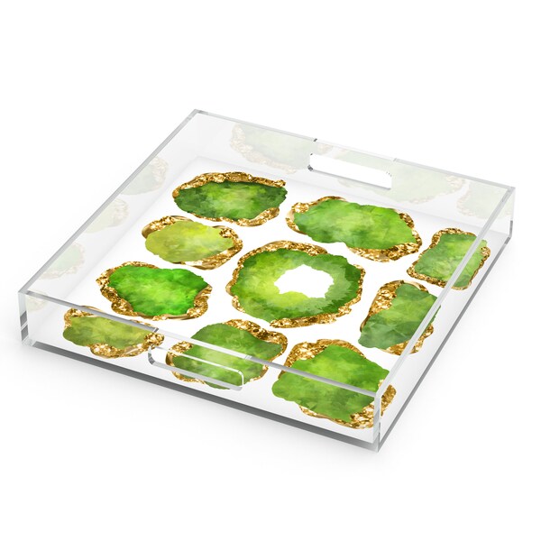 Gemstone Art Print Tray, Acrylic, Green Peridot, Jeweled Decor, 12" x 12"