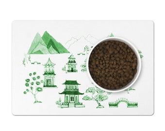 Chinoiserie Pet Mat, Dog Bowl Mat, Cat Dish Mat, Water Bowl Spill Mat, Pagoda Valley, Green and White