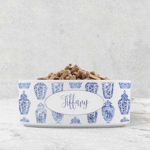 Personalized Pet Bowl, Chinoiserie, Blue and White Ginger Jars, Ceramic